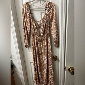 Nordstrom Brown Floral Ruched Long Sleeve Dress